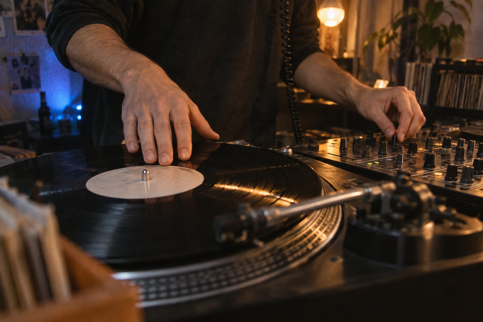 Dłonie DJ-a przy płycie winylowej i mikserze. Ilustracja redakcyjna, nie zdjęcie Luzztro.